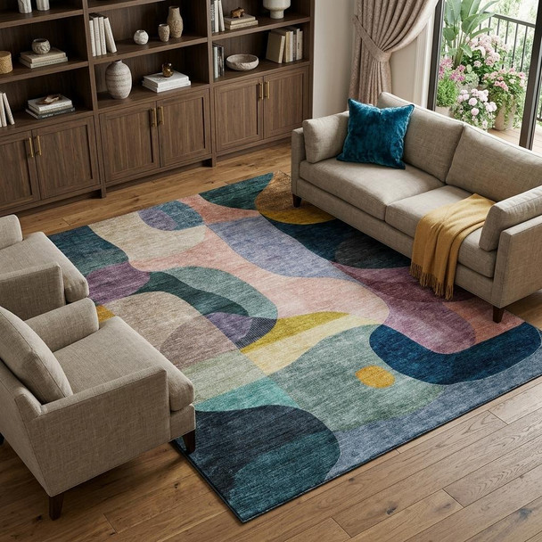 8' X 10' Green Purple Gold And Teal Abstract Geometric Washable Area Rug With UV Protection