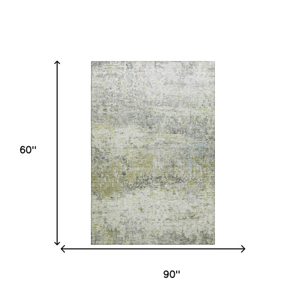 5' X 8' Artichoke Green Gray And Silver Abstract Washable Area Rug With UV Protection