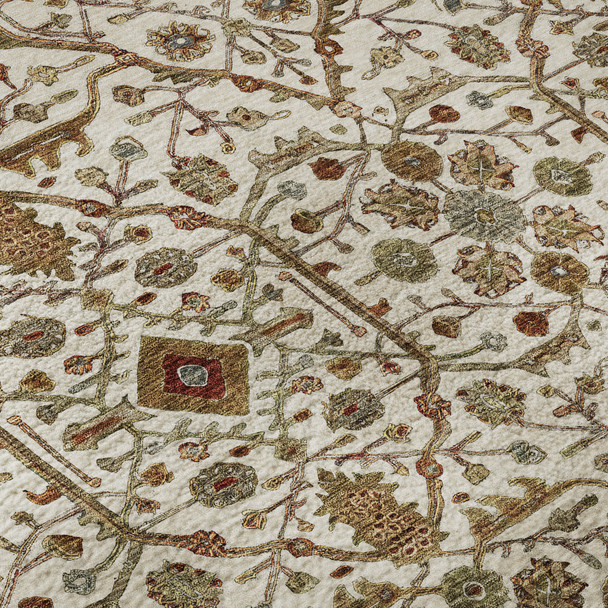 8' Ivory Red And Gold Oriental Washable Round Rug With UV Protection