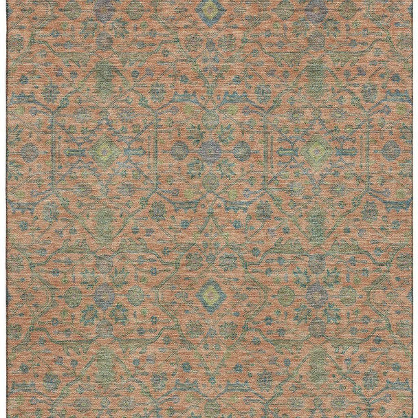 8' X 10' Coral Denim Blue And Green Oriental Washable Area Rug With UV Protection