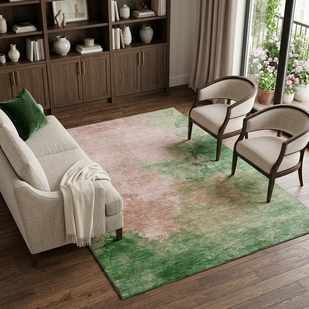 10' X 14' Pink And Emerald Abstract Washable Area Rug With UV Protection