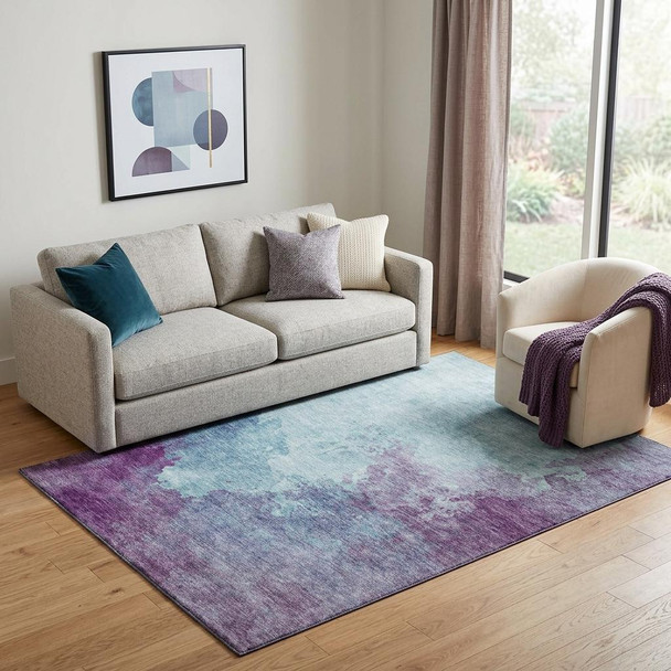 5' X 8' Sky Blue And Purple Abstract Washable Area Rug With UV Protection