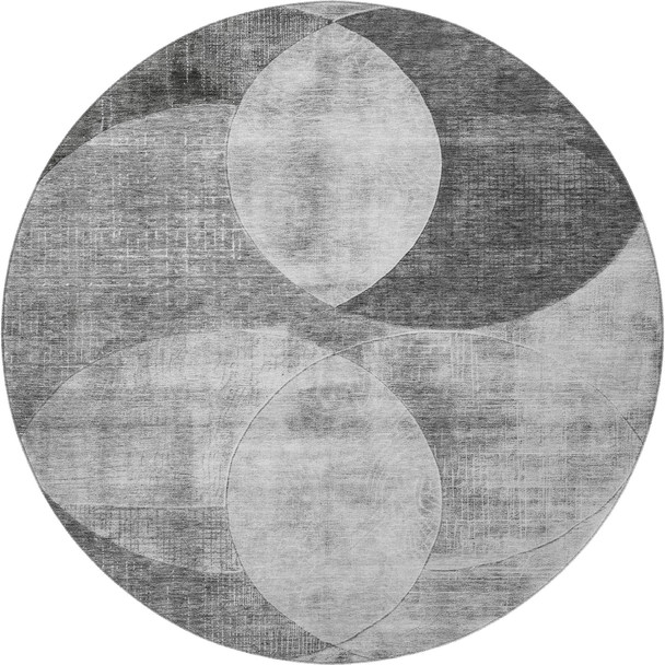 8' Gray And Silver Geometric Washable Round Rug With UV Protection