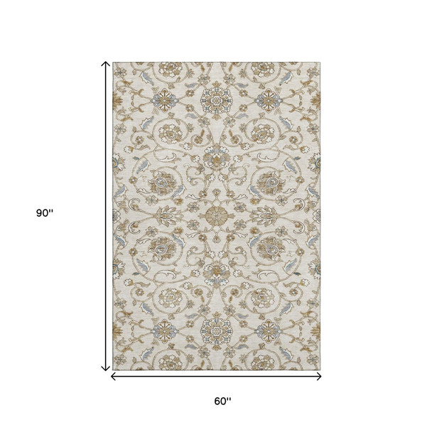 5' X 8' Ivory Copper And Gray Moroccan Washable Area Rug With UV Protection