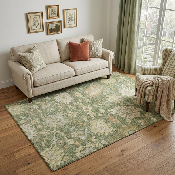 5' X 8' Artichoke Green Beige And Copper Floral Medallion Washable Area Rug With UV Protection