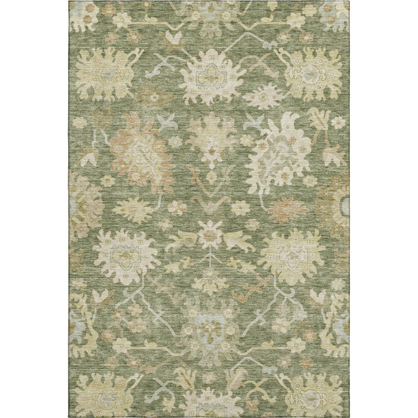 9' X 12' Artichoke Green Beige And Copper Floral Medallion Washable Area Rug With UV Protection