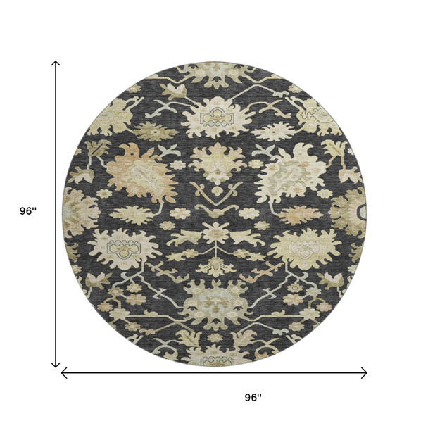 8' Black Beige And Gold Floral Medallion Washable Round Rug With UV Protection