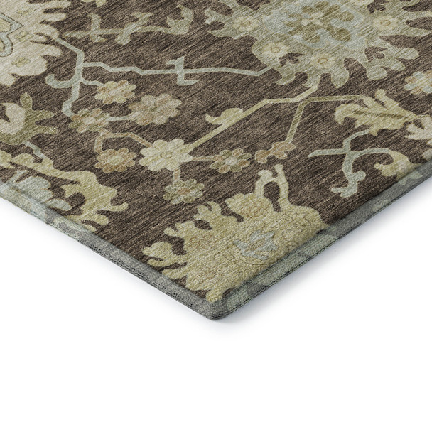 5' X 8' Chocolate Beige And Ivory Floral Medallion Washable Area Rug With UV Protection