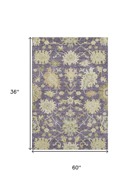 3' X 5' Eggplant Beige And Sage Floral Medallion Washable Area Rug With UV Protection