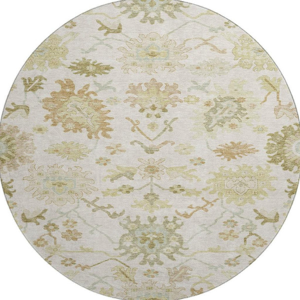 8' Ivory Beige And Copper Floral Medallion Washable Round Rug With UV Protection