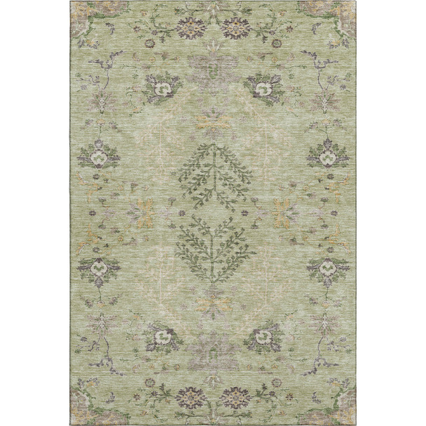 9' X 12' Artichoke Green Gold And Beige Floral Washable Area Rug With UV Protection