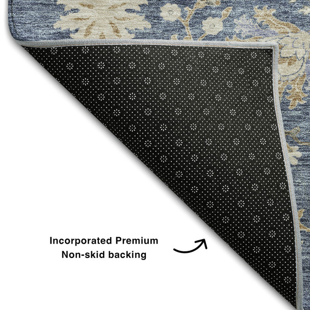 10' X 14' Blue Beige And Gray Floral Washable Area Rug With UV Protection