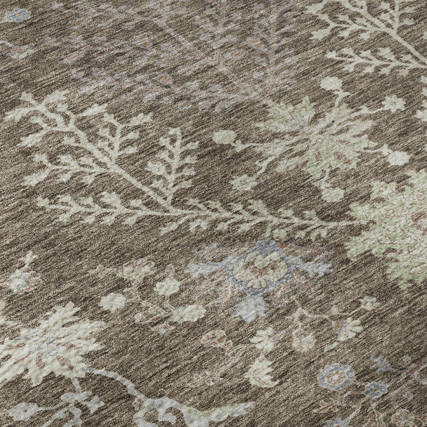 8' Brown Beige And Blue Floral Washable Round Rug With UV Protection