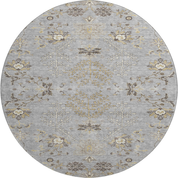 8' Gray Ivory And Gold Floral Washable Round Rug With UV Protection