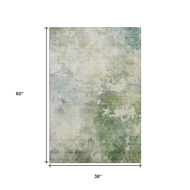 3' X 5' Artichoke Green And Beige Abstract Washable Area Rug With UV Protection