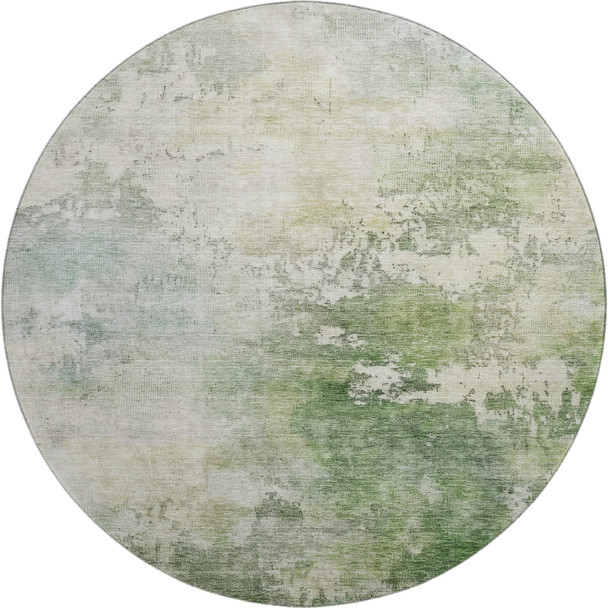 8' Artichoke Green And Beige Abstract Washable Round Rug With UV Protection