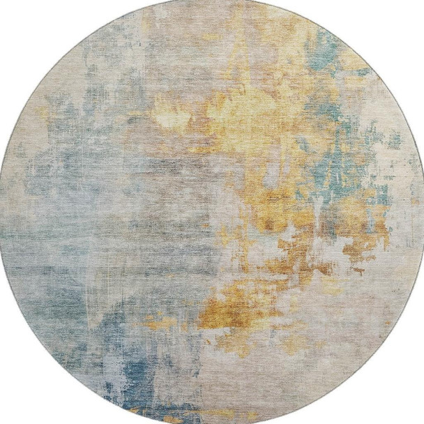 8' Linen Gold And Teal Abstract Washable Round Rug With UV Protection