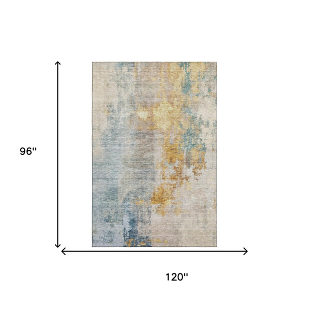 8' X 10' Linen Gold And Teal Abstract Washable Area Rug With UV Protection