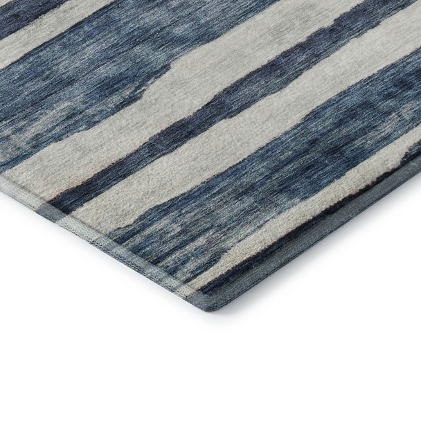 8' X 10' Denim Blue And Ivory Striped Washable Area Rug With UV Protection