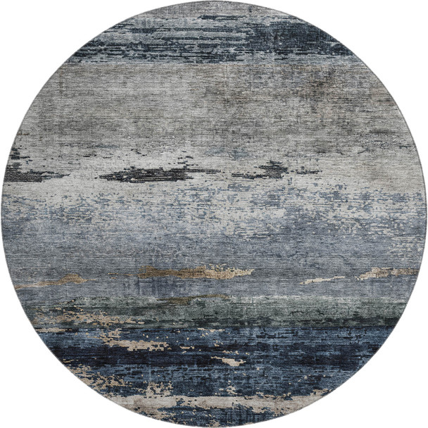 8' Navy Blue Gray And Silver Abstract Washable Round Rug With UV Protection