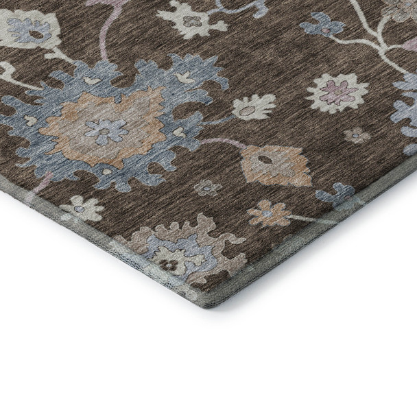 8' X 10' Chocolate Blue And Beige Floral Washable Area Rug With UV Protection