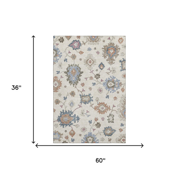 3' X 5' Ivory Blue And Coral Floral Washable Area Rug With UV Protection