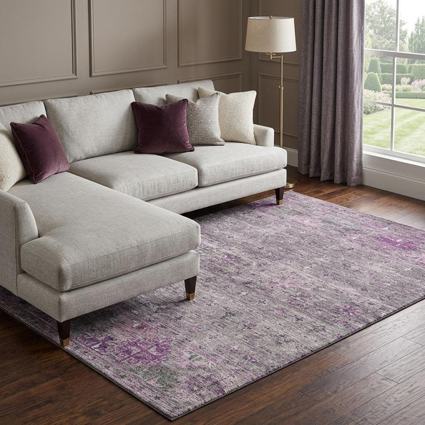 9' X 12' Purple And Gray Tribal Washable Area Rug With UV Protection