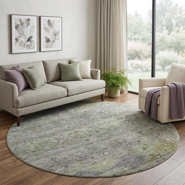 8' Sage Silver And Purple Tribal Washable Round Rug With UV Protection