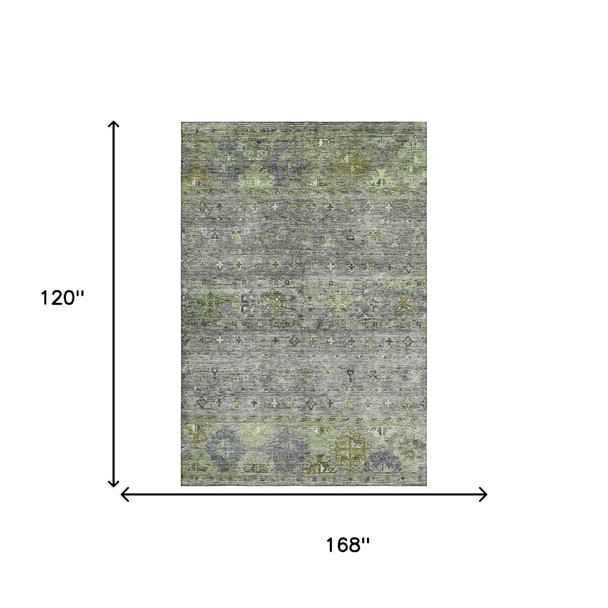 10' X 14' Sage Silver And Purple Tribal Washable Area Rug With UV Protection