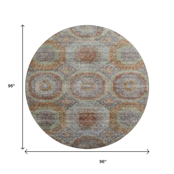 8' Rust Charcoal And Beige Geometric Washable Round Rug With UV Protection