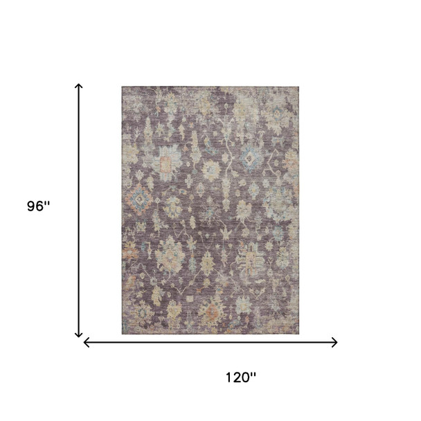 8' X 10' Eggplant Beige And Blue Floral Washable Indoor Outdoor Area Rug