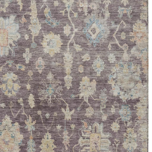 9' X 12' Eggplant Beige And Blue Floral Washable Indoor Outdoor Area Rug