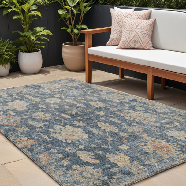 8' X 10' Navy Blue Beige And Rust Floral Washable Indoor Outdoor Area Rug
