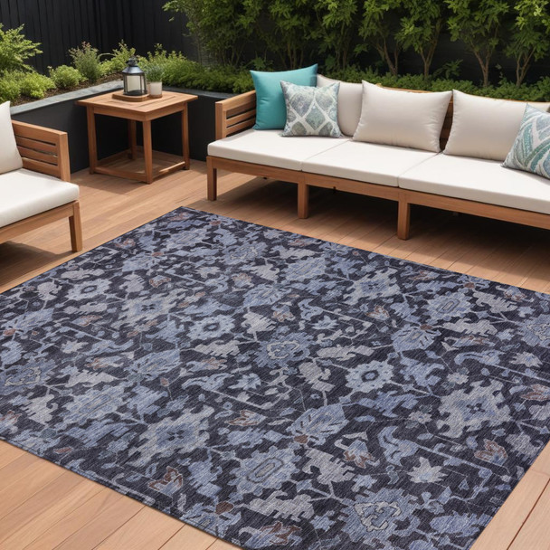 8' X 10' Navy Blue And Plum Floral Washable Indoor Outdoor Area Rug