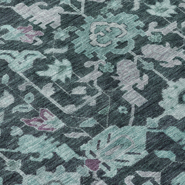 10' X 14' Teal Blue And Plum Floral Washable Indoor Outdoor Area Rug