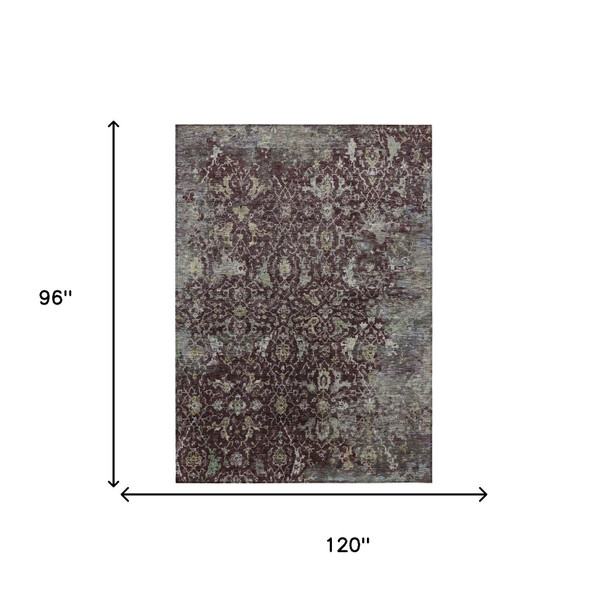 8' X 10' Burgundy And Gray Damask Washable Indoor Outdoor Area Rug