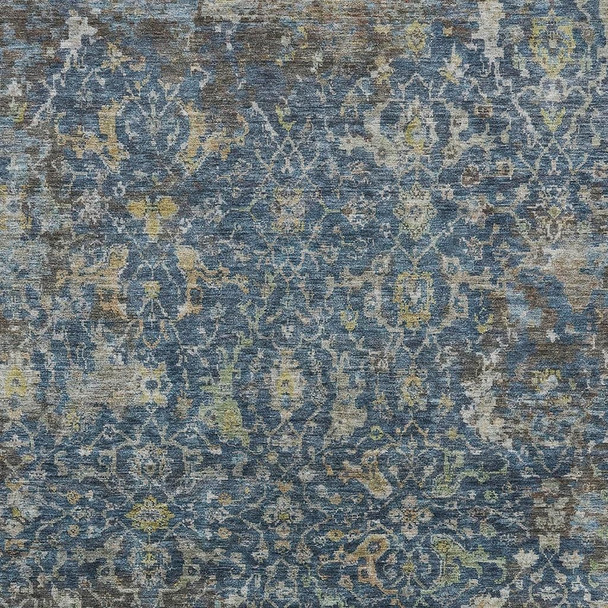9' X 12' Navy Blue And Gray Damask Washable Indoor Outdoor Area Rug