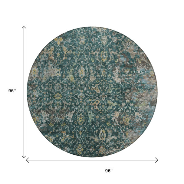 8' Teal Blue And Gray Round Damask Washable Indoor Outdoor Area Rug