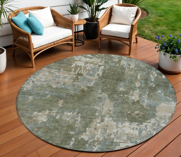 8' Fern Green And Beige Round Abstract Washable Indoor Outdoor Area Rug