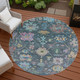 8' Teal Blue Pink And Gold Round Floral Washable Indoor Outdoor Area Rug