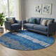 8' Navy Blue Ivory And Gray Striped Washable Round Rug With UV Protection