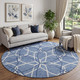 8' Denim Blue And Ivory Geometric Washable Round Rug With UV Protection