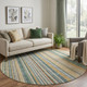 8' Beige Gold And Sage Striped Washable Round Rug With UV Protection