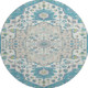 8' Teal Ivory And Green Oriental Washable Round Rug With UV Protection