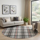 8' Black Red And Ivory Plaid Washable Round Rug With UV Protection