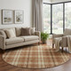 8' Rust Beige And Brown Plaid Washable Round Rug With UV Protection