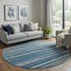 8' Denim Blue Ivory And Beige Striped Washable Round Rug With UV Protection