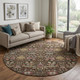 8' Chocolate Gold And Teal Floral Washable Round Rug With UV Protection