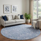 8' Denim Blue And Beige Floral Washable Round Rug With UV Protection