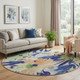 8' X 8' Navy Blue Mint Green And Copper Floral Washable Round Rug With UV Protection